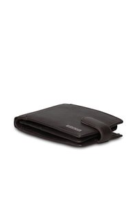 Portafoglio in pelle marrone con texture liscia, design pieghevole e chiusura a linguetta. Presenta un marchio discreto sulla parte esterna.