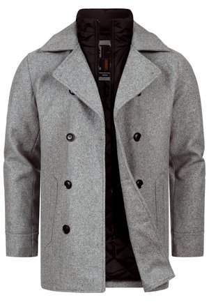 Grå dobbelspent frakk i ullblanding med svart fôr, store slag, to frontlommer og svarte knapper, med quiltet innside.