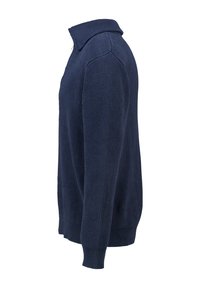 Navy blue ribbed knit sweater with a polo collar, long sleeves, and a straight hem. Features textured fabric, no visible fastenings or patterns.
