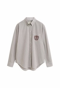 Gestreepte lange mouwen shirt in lichtgrijs en wit, met een button-down kraag, een borstzak met geborduurd logo, een gebogen zoom en een ontspannen pasvorm.