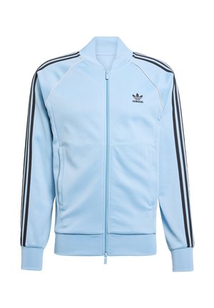 Light blue Adidas jacket with a zip front, ribbed cuffs, three black stripes on sleeves, and a small black logo on the left chest.
