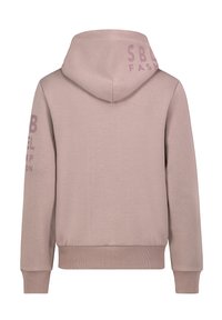 Hooded sweatshirt in light pink, made of soft material. Features a kangaroo pocket, ribbed cuffs, and "SBL FASHION" printed on the back.