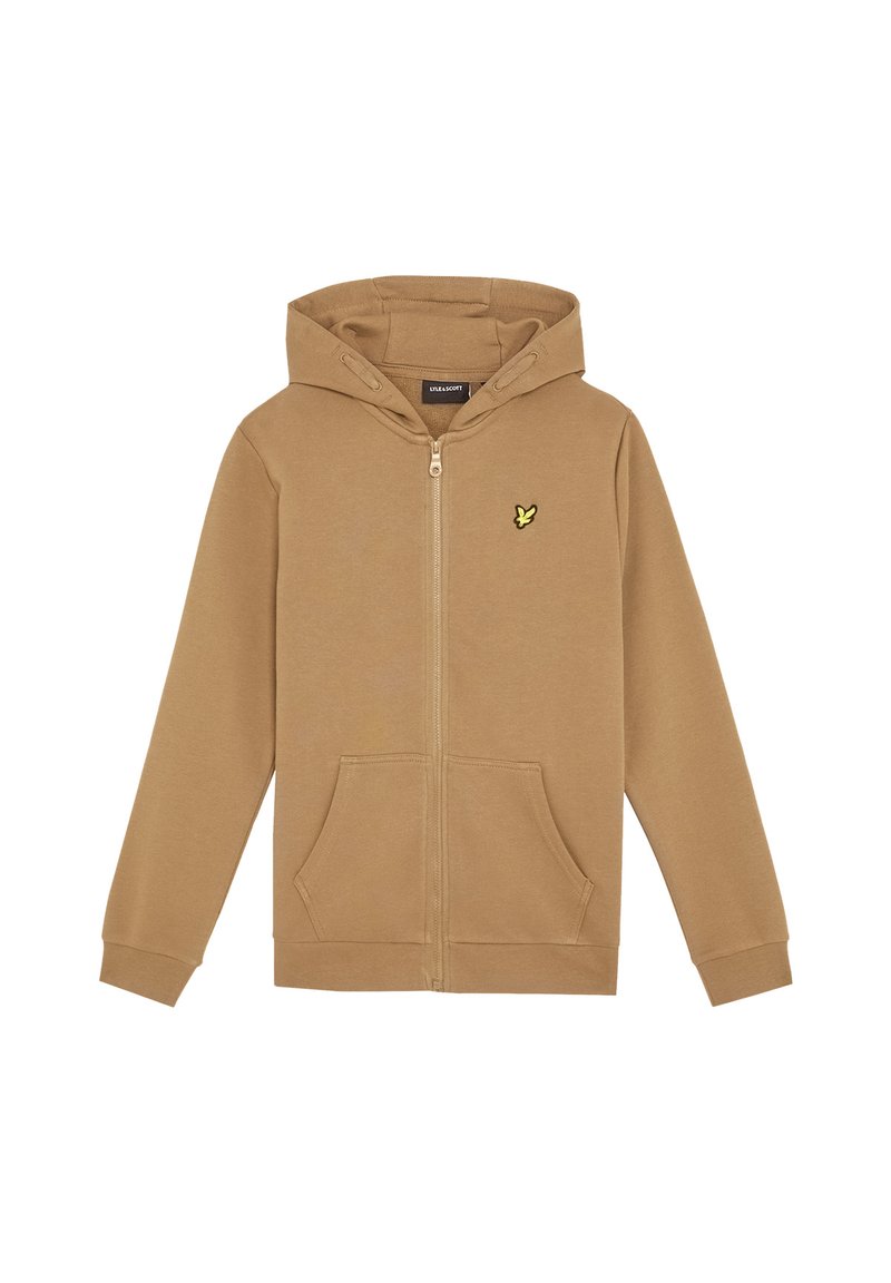 Brun zip-up hoodie i bomull, med en kenguruficka och en liten gul logga på vänster bröstområde. Mjuk textur, avslappnad design.