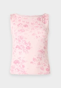 Ροζ ροδακινί ριμπ αμάνικη μπλούζα με floral σχέδιο σε διάφορες αποχρώσεις του ροζ, με στρογγυλεμένο λαιμόκοψη και αμάνικο σχέδιο.