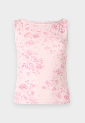 Ροζ ροδακινί ριμπ αμάνικη μπλούζα με floral σχέδιο σε διάφορες αποχρώσεις του ροζ, με στρογγυλεμένο λαιμόκοψη και αμάνικο σχέδιο.