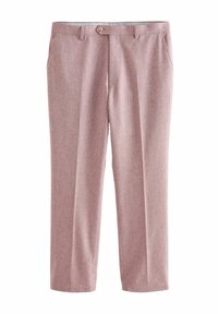 Helles rosa Hosen mit strukturiertem Stoff, zwei Vordertaschen, einer einzelnen Gesäßtasche und einem Knopfverschluss an der Taille.