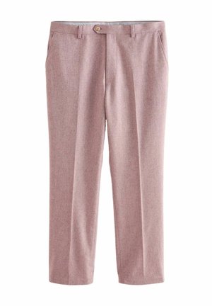 Helles rosa Hosen mit strukturiertem Stoff, zwei Vordertaschen, einer einzelnen Gesäßtasche und einem Knopfverschluss an der Taille.