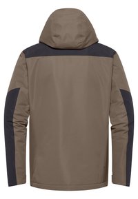 Bruine waterdichte jas met een capuchon, voorzien van marineblauwe accenten op de schouders en mouwen, en een gladde, matte textuur.