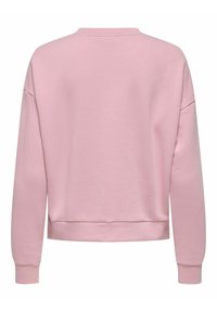 Lichtroze sweatshirt met lange mouwen, weergegeven vanaf de achterkant, met een ronde hals en geribde manchetten en onderrand.