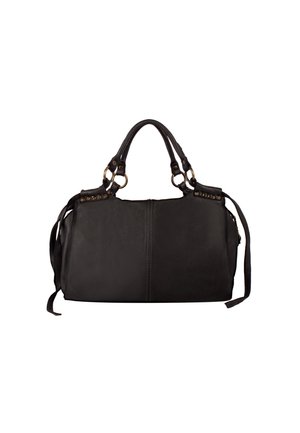 Sac à main en cuir noir avec des poignées de transport doubles, des accents métalliques, une fermeture éclair et des franges sur le côté. Texture lisse avec des détails de couture subtils.