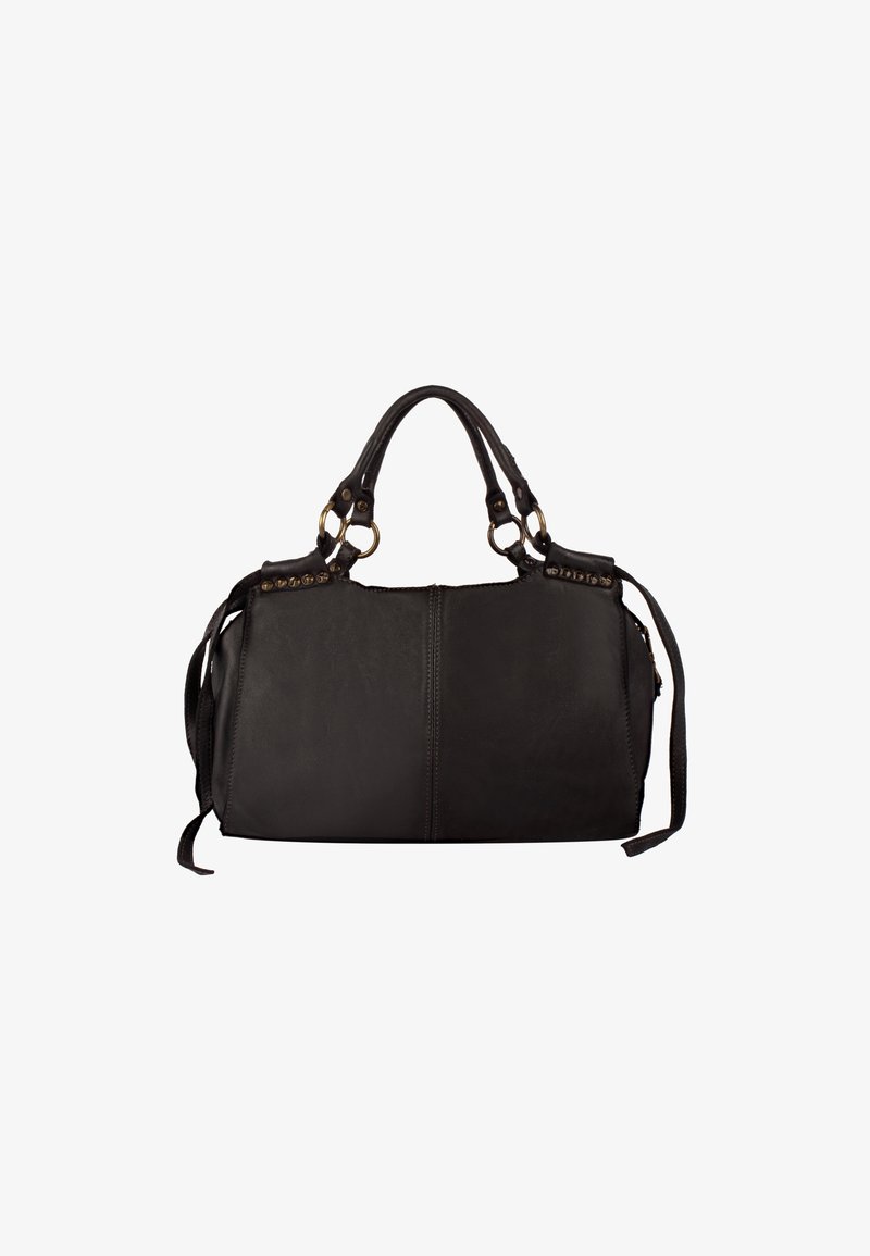 Borsa a mano in pelle nera con manici doppi, accenti metallici, chiusura con zip e nappine ai lati. Texture morbida con dettagli di cucitura sottili.