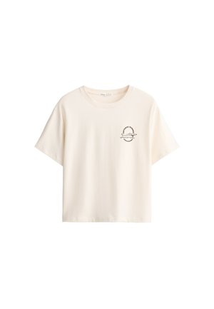 Beige t-shirt met korte mouwen met een kleine zwarte lijntekening en tekst "DISTANCE RUNNER" boven een rennende hond op de linkerborst.