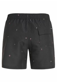 Pantaloni da nuoto neri con cintura elasticizzata, caratterizzati da un motivo sparso di lettere in rosa, verde e giallo. Include una tasca laterale.
