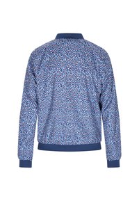 Giacca bomber blu con motivo floreale, colletto e polsini a coste, caratterizzata da una leggera lucentezza e una vestibilità rilassata.