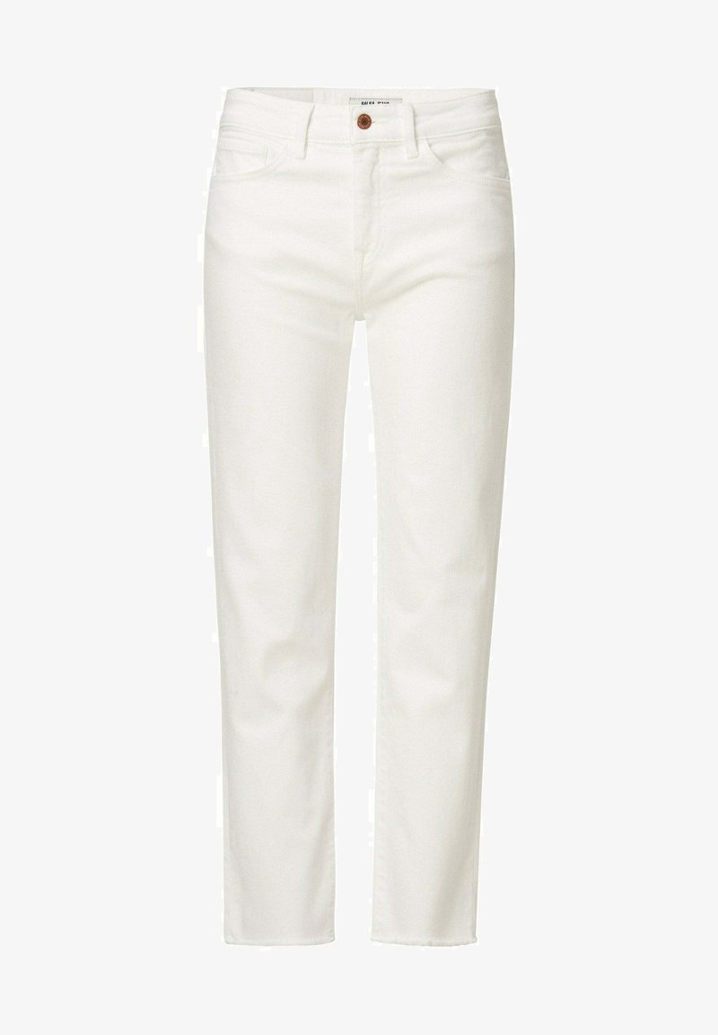 Jean blanc droit avec cinq poches, fermeture par bouton et passants de ceinture, présenté sur fond blanc.