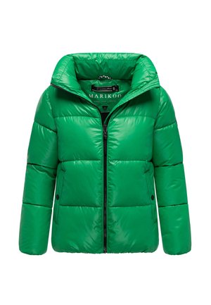 Grön vadderad jacka med hög krage, glänsande yta, dragkedjestängning och två framfickor. Har en märkesetikett inuti.