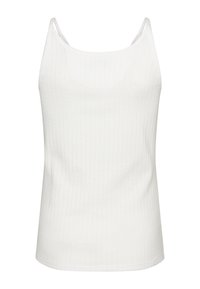 Bela rebrasta pletena majica brez rokavov z ozkimi naramnicami in izrezom v obliki črke U.