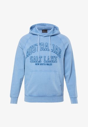 Lyseblå hættetrøje med frontlomme, snore og teksten "AUSTRALIAN SALT LAKE NEW SOUTH WALES" i mørkere blå bogstaver.