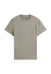 Graues Baumwoll-T-Shirt mit kurzen Ärmeln, Rundhalsausschnitt und Logo auf der linken Brust. Verfügt über eine dezente Textur und einen geraden Saum.