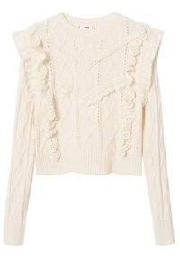 Gestrickter cremefarbener Pullover mit geripptem Saum, langen Ärmeln und dekorativen Rüschen an den Schultern, ausgestattet mit einem strukturierten Diamantmuster.
