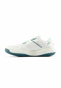 White athletic shoe with teal accents, featuring a textured sole, breathable mesh upper, and lace-up design. Brand name displayed on the side.