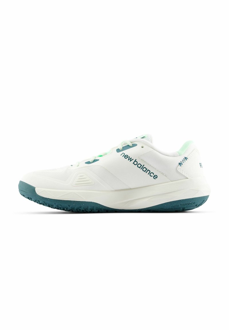White athletic shoe with teal accents, featuring a textured sole, breathable mesh upper, and lace-up design. Brand name displayed on the side.