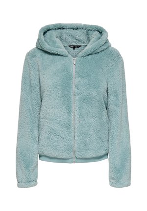 Felpa con cappuccio in ecopelliccia color turchese chiaro, con zip frontale, maniche lunghe e una texture morbida e soffice. Include un cappuccio con coulisse e un orlo a coste.