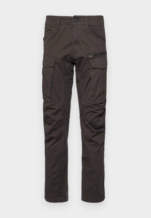 Pantalons cargo marron foncé, dotés de plusieurs poches latérales, en tissu durable, avec une coupe droite, intégrant une poche zippée sur la cuisse droite.