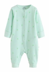 Body pour bébé vert clair côtelé à manches longues, avec boutons-pression sur le devant et petits motifs de palmiers partout.