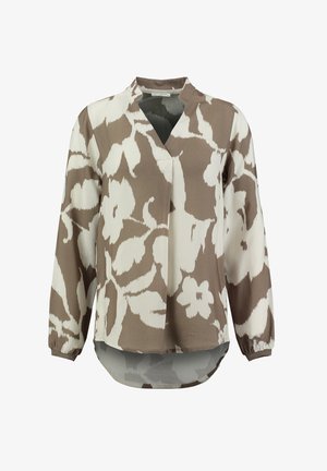Blouse met lange mouwen in een bruine en crèmekleurige bloemenprint, relaxte pasvorm met een v-hals, geplooide manchetten en een langere achterrand. Zachte, gladde stof.