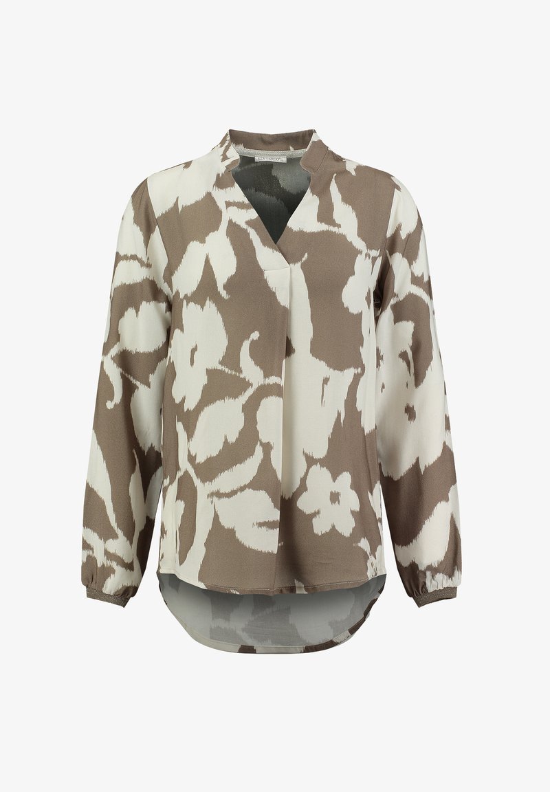 Langärmlige Bluse im braunen und cremefarbenen Blumendruck, lockere Passform mit V-Ausschnitt, gerafften Manschetten und einem längeren Rückensaum. Weicher, glatter Stoff.