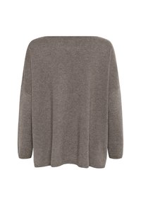Bruine oversized trui met een brede halslijn, lange mouwen en een zachte brei-textuur. Kenmerkt zich door een eenvoudige, naadloze achterkant.