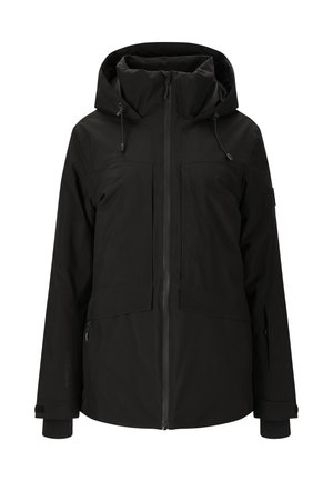 Schwarze wasserdichte Jacke mit Kapuze, ausgestattet mit zwei Brusttaschen, einem Frontreißverschluss und verstellbaren Manschetten. Strapazierfähiger, glatter Stoff; minimalistisches Design.