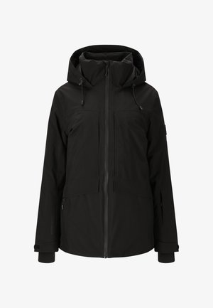 Schwarze wasserdichte Jacke mit Kapuze, ausgestattet mit zwei Brusttaschen, einem Frontreißverschluss und verstellbaren Manschetten. Strapazierfähiger, glatter Stoff; minimalistisches Design.