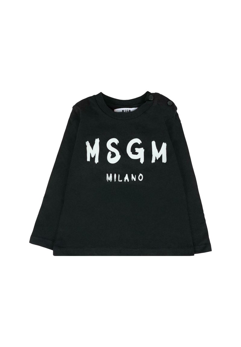 Zwarte peignoir met lange mouwen voor peuters, voorzien van witte tekst "MSGM MILANO" en twee zwarte drukknoopjes op de linkerschouder.