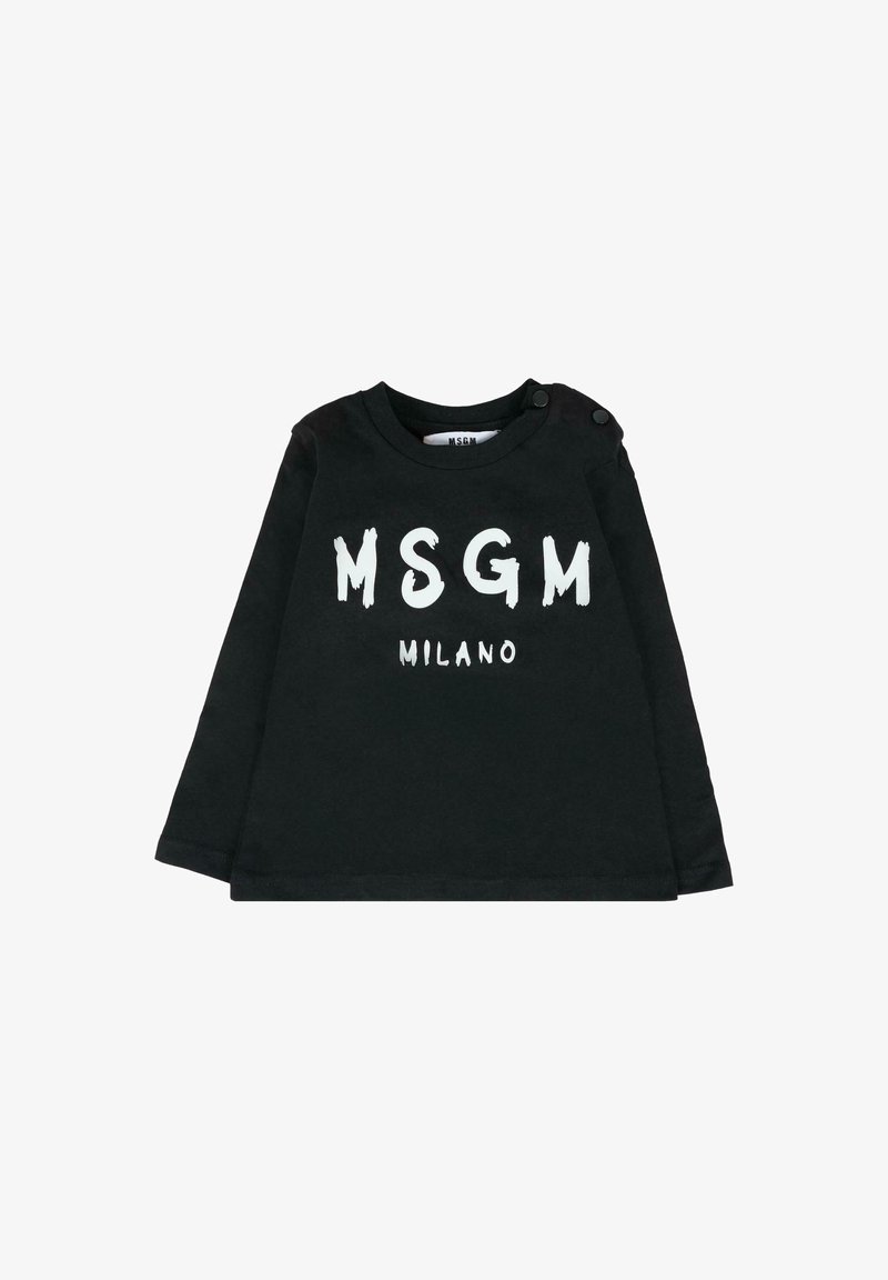 Czarna, długosleeve'owa koszulka dla malucha z białym tekstem "MSGM MILANO" oraz dwoma czarnymi napami na lewym ramieniu.