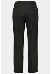 Pantaloni neri eleganti con vestibilità sartoriale, caratterizzati da una texture liscia, chiusura con zip e due tasche posteriori con finiture in bottone.