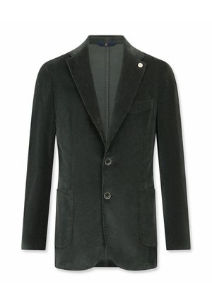 Donkergroene corduroy blazer met een geknopt revers, twee knopen aan de voorkant, zijzakken en een enkele borstzak. Gladde textuur met ribbelpatroon.