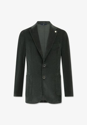 Donkergroene corduroy blazer met een geknopt revers, twee knopen aan de voorkant, zijzakken en een enkele borstzak. Gladde textuur met ribbelpatroon.