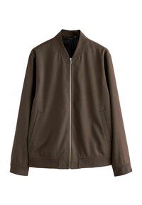 Chaqueta bomber marrón con cierre de cremallera frontal, cuello acanalado y bolsillos laterales. Fabricada en tejido suave, con un corte relajado y sin patrones visibles.