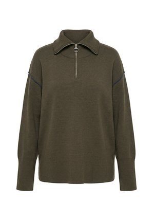 Ulla Popken, ZIP-UP LONG SLEEVE TURTLENECK SWEATER - Striktrøje - dark khaki