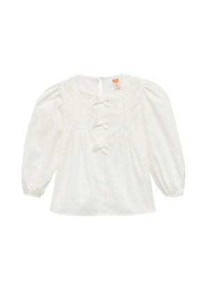Blusa blanca con mangas abullonadas, cierres de botón con lazo, detalles plisados en la parte delantera y escote redondo. Material de algodón suave.