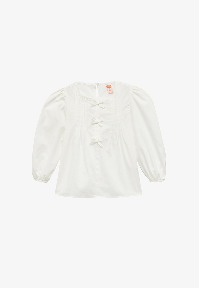 Hvid bluse med puffede ærmer, knaplukninger med sløjfer, plisserede detaljer på forsiden og rund halsudskæring. Blødt bomuldsstof.