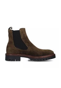 Stivale Chelsea in suede marrone con pannelli laterali elastici, linguetta, suola in gomma e dettaglio di cucitura a contrasto lungo il bordo.