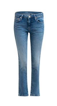 Proste niebieskie dżinsy wykonane z denimu, z wyblakłym przetarciem, pięcioma kieszeniami i miedzianymi detalami. Rękaw jest lekko strzępiony.