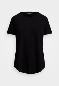 Svart kortärmad t-shirt i mjukt tyg, med rund halsringning och en något rundad fåll för en avslappnad passform.