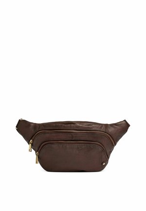 Ciemnobrązowa skórzana torba na pas z dwoma zamykanymi na zamek kieszeniami i złotymi suwakami, zaprojektowana do noszenia bez użycia rąk.