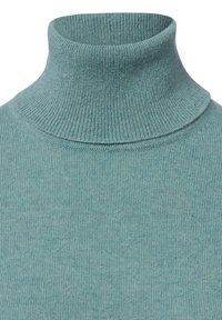 Helles türkisfarbenes Rollkragensweatshirt aus geripptem Strickstoff, mit einem eng anliegenden Kragen und einer weichen Textur. Einfaches und klassisches Design.