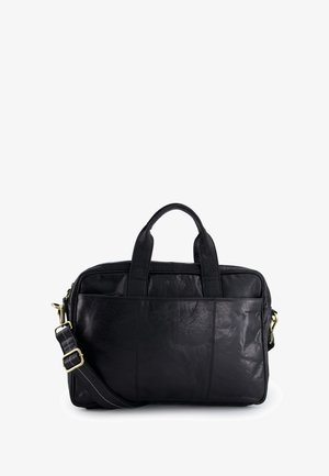 Black leather briefcase with dual top handles and an adjustable shoulder strap. Features a smooth, textured surface and gold-tone hardware accents.