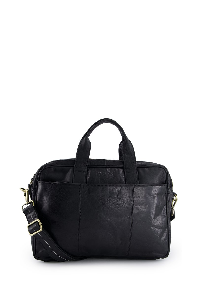 Černá kožená aktovka s dvojitými horními uchyty a nastavitelným ramenním popruhem. Vyznačuje se hladkým, texturovaným povrchem a zlatými akcenty.